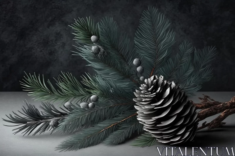 Realistic 3D Rendering of Fir Cone and Pine Tree Branch on Dark Background AI Image