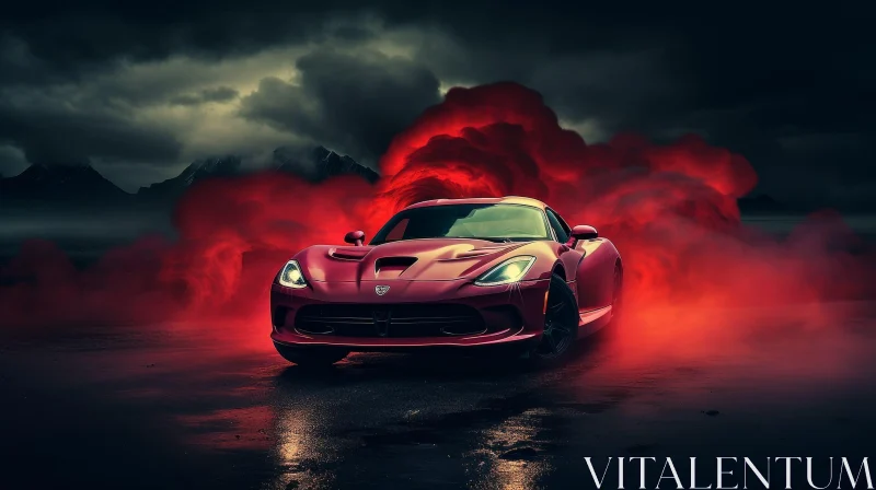 Red Sports Car in Dark Foggy Forest AI Image