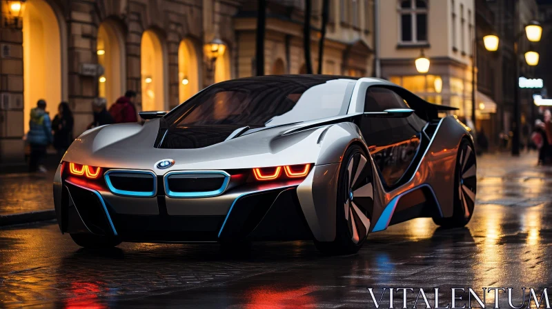Sleek Silver BMW i8 Concept Car on Wet City Street at Night AI Image
