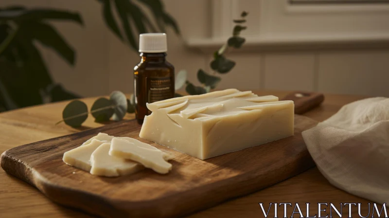 Captivating Still Life: Wooden Cutting Board with Soap and Essential Oil AI Image