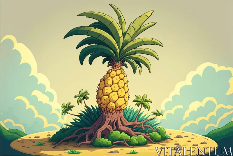 Cartoon Pineapple on a Sandy Island: Realistic Landscape Art AI Image