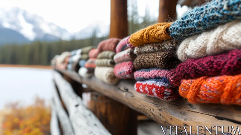 AI ART Colorful Knitted Sweaters on Wooden Railing: Serene Mountain Landscape