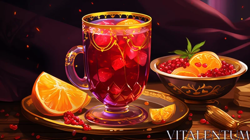 AI ART Cozy Still Life: Glass of Mulled Wine on Wooden Table