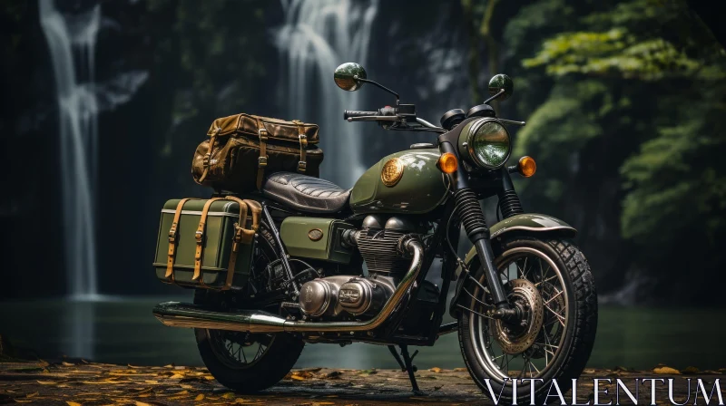 Custom Olive Green Motorcycle Parked in Front of Waterfall AI Image