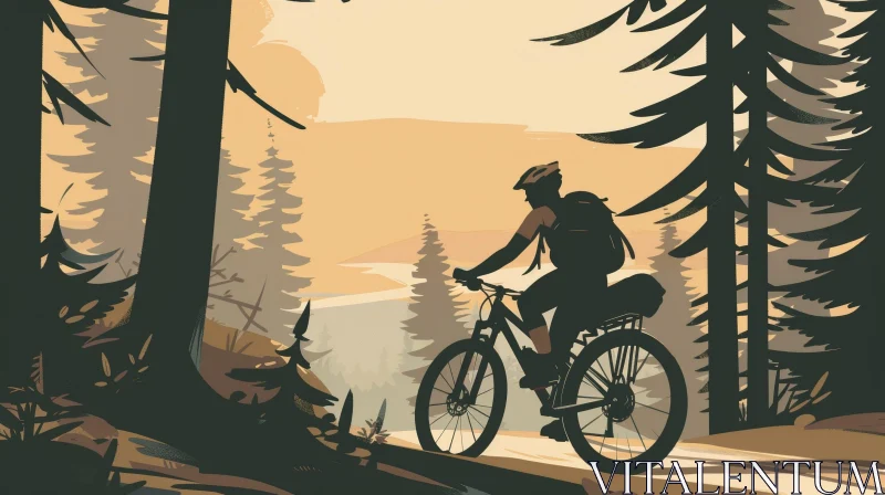 AI ART Cyclist Riding Through Pine Tree Forest - Vector Illustration