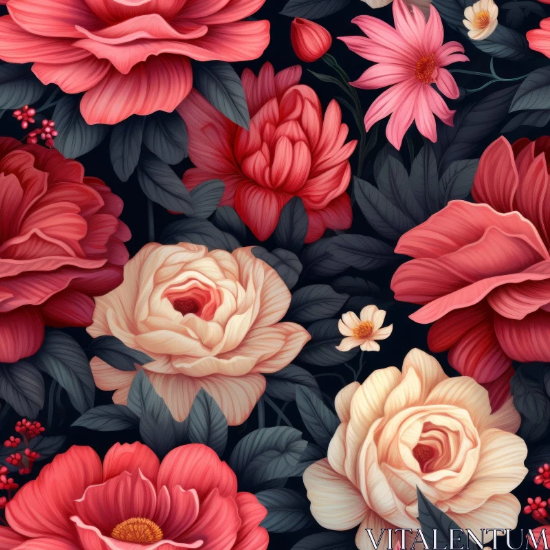 Dark Floral Pattern with Red and Pink Flowers AI Image