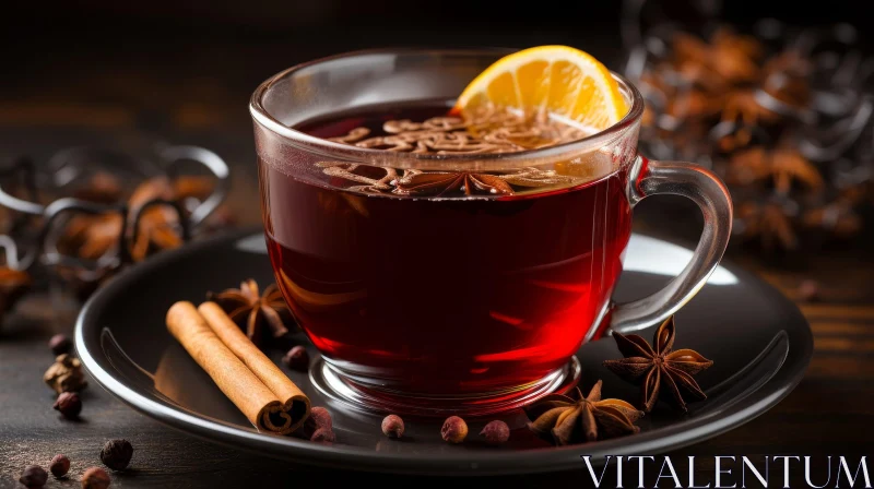 Dark Red Mulled Wine in Glass Cup with Cinnamon Stick and Orange Slice AI Image