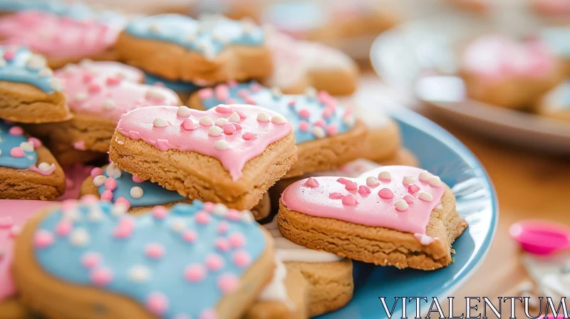 Delicious Heart-Shaped Sugar Cookies on Blue Plate AI Image