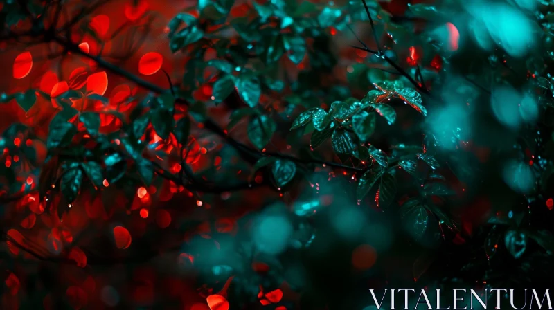 Enchanting Green Leaves with Raindrops: A Surreal Close-Up AI Image