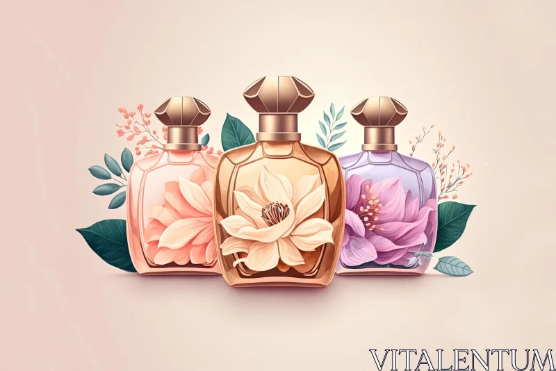 Exquisite Perfume Bottles with Flowers - Charming Illustration AI Image