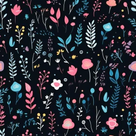 Hand-Drawn Floral Pattern in Pink, Blue, Yellow on Black
