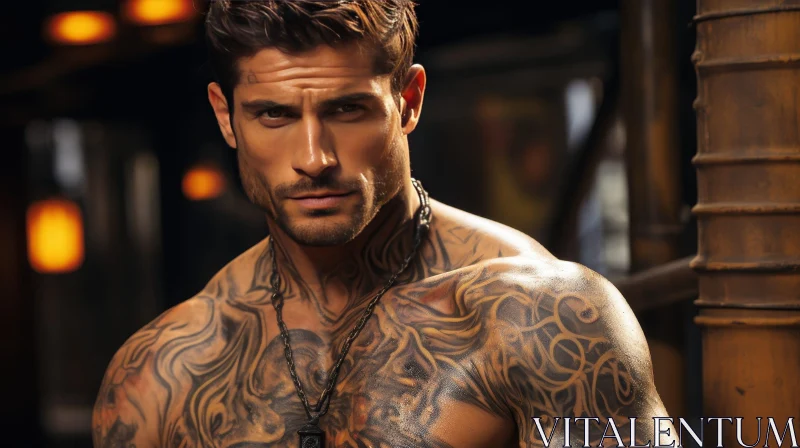 Intense Portrait of Muscular Man with Dark Hair and Tattoos AI Image