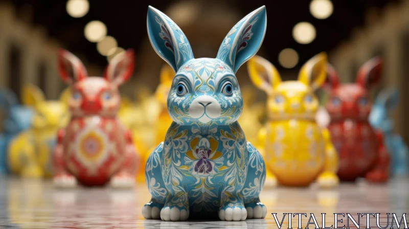 Kaleidoscopic Bunny Figurine Collection in Hallway AI Image
