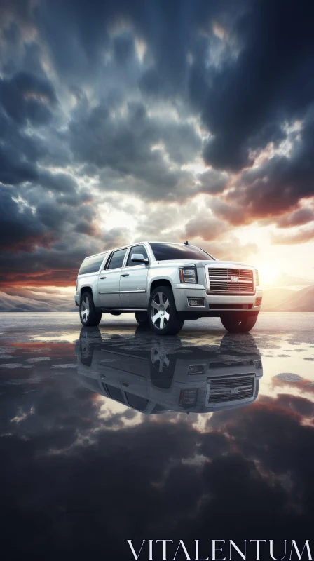 AI ART Luxury SUV - Silver GMC Yukon Denali with Dramatic Sky