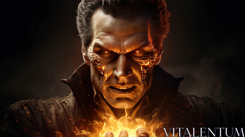Menacing Man Portrait with Glowing Eyes and Flames AI Image