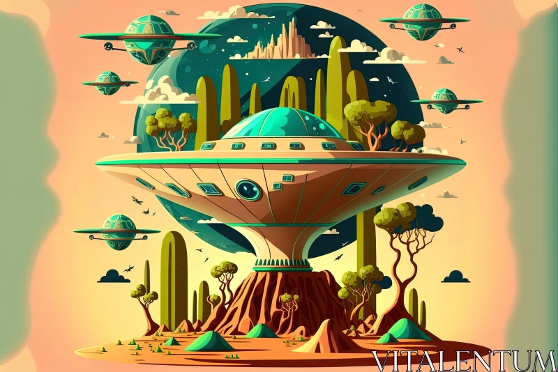 Mysterious UFO in Enchanting Desert Landscape | Art Nouveau Inspired AI Image