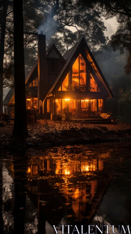 Mysterious Wooden Cabin by Lake at Dusk in Amber and Bronze Tones AI Image