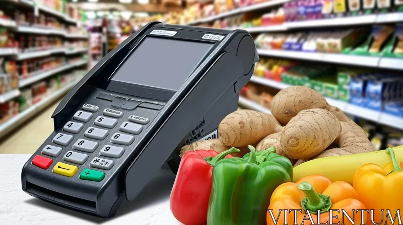 Payment Terminal and Fresh Groceries: A Captivating Still-Life Composition AI Image