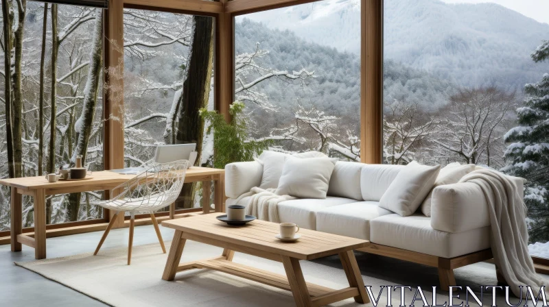 Peaceful Living Room with Snowy Forest View AI Image