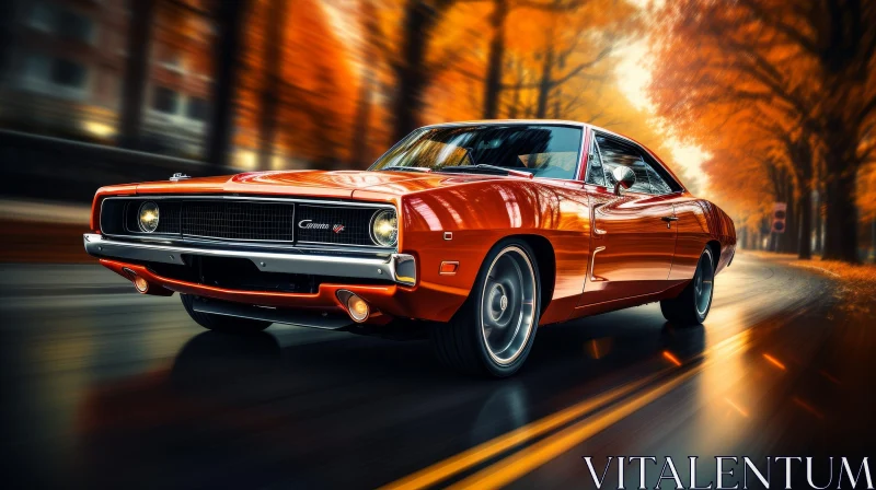 Red 1970s Dodge Charger Muscle Car Speeding Down Autumn Street AI Image