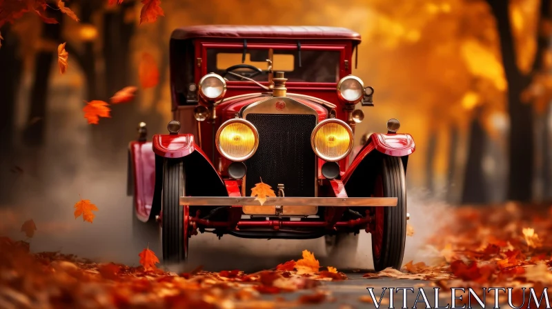 Red Vintage Car Driving Through Autumn Road AI Image