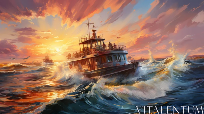 Ship Battling Rough Seas at Stormy Sunset AI Image