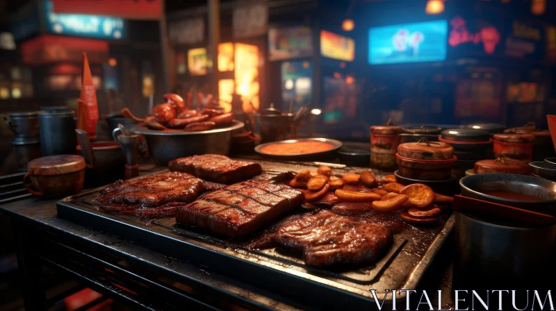 Sizzling Grilled Meats Still Life in Outdoor Market AI Image