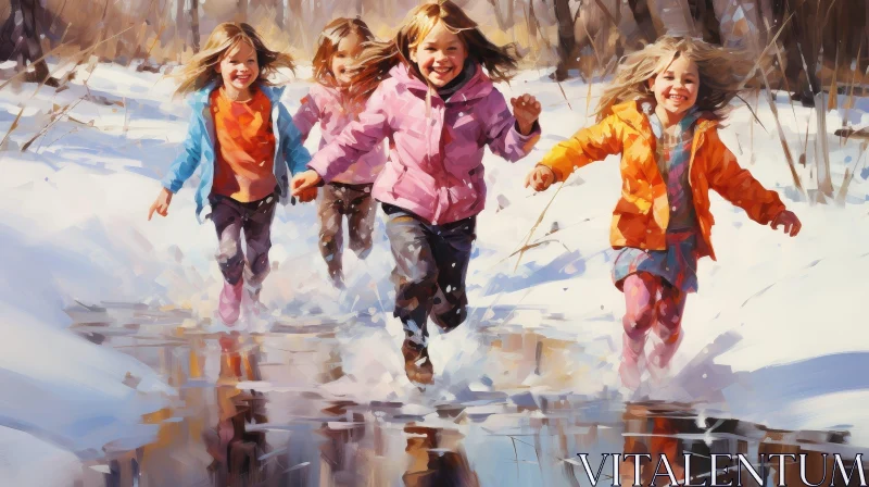 Winter Fun: Happy Girls Running in Colorful Clothes AI Image