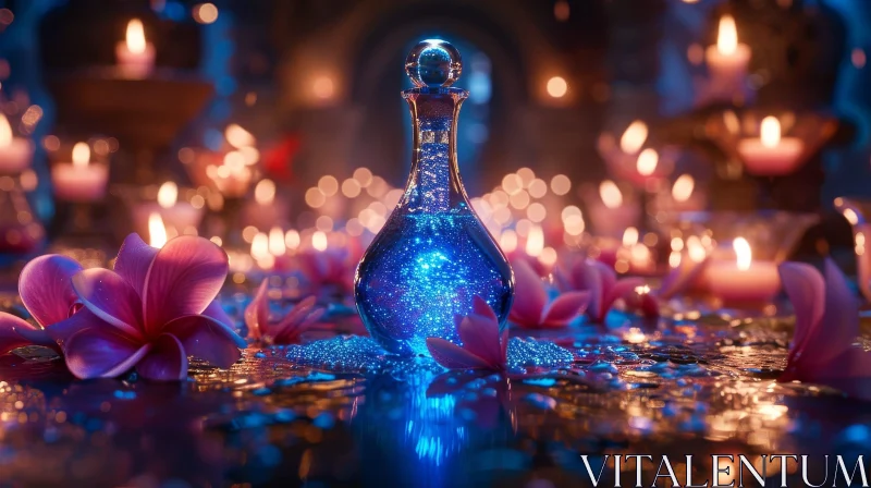 Blue Potion Bottle Still Life with Flowers and Candles AI Image