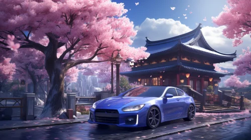 Blue Sports Car in Traditional Chinese Courtyard