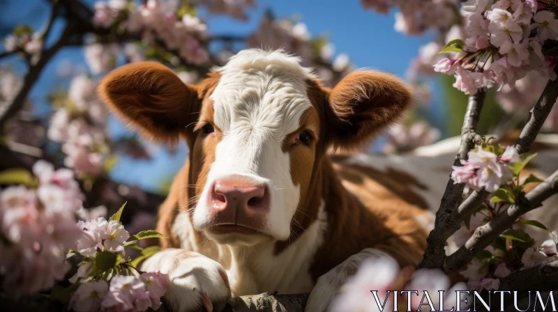 Close-up of a Curious Cow in a Field of Pink Flowers AI Image