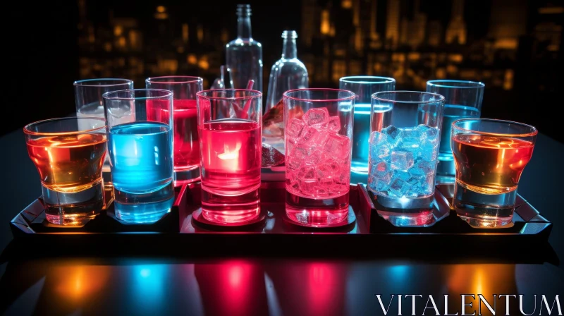 Colorful Bar Scene with Illuminated Glasses AI Image