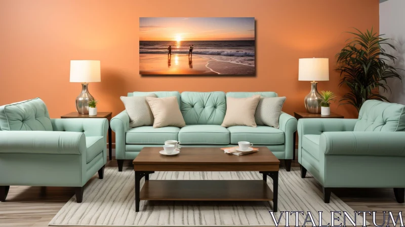 Cozy Living Room Interior with Blue Sofa and Sunset Painting AI Image