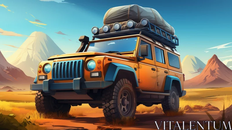 Detailed Cartoon Illustration of Orange Off-Road Vehicle in Desert Landscape AI Image