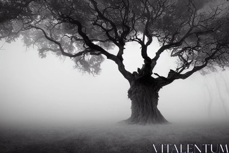 AI ART Enigmatic Black and White Tree in a Mysterious Foggy Night