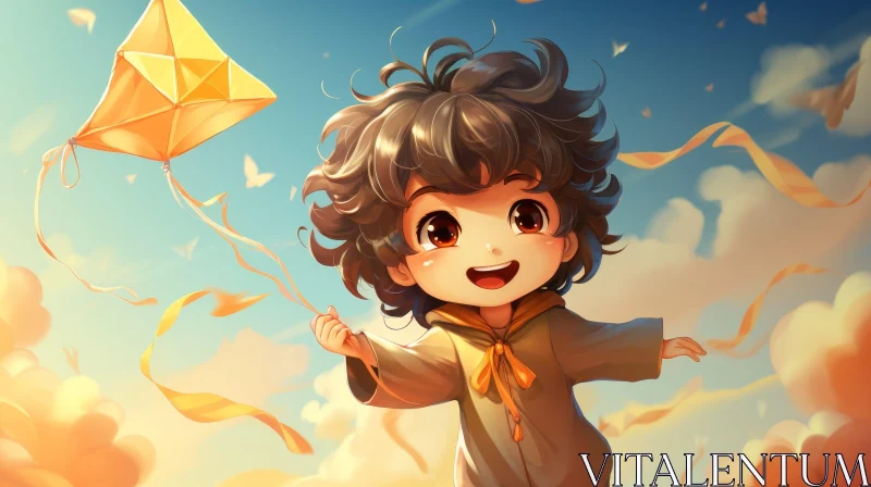Happy Child Flying Kite on Windy Day AI Image