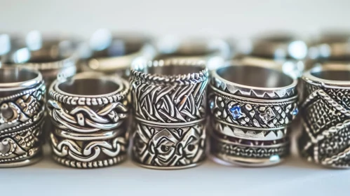 Intricate Silver Rings with Celtic Knots, Flowers, and Geometric Patterns
