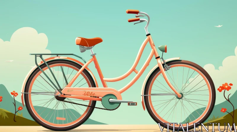 Pink Bicycle Cartoon Illustration on Blue Background AI Image