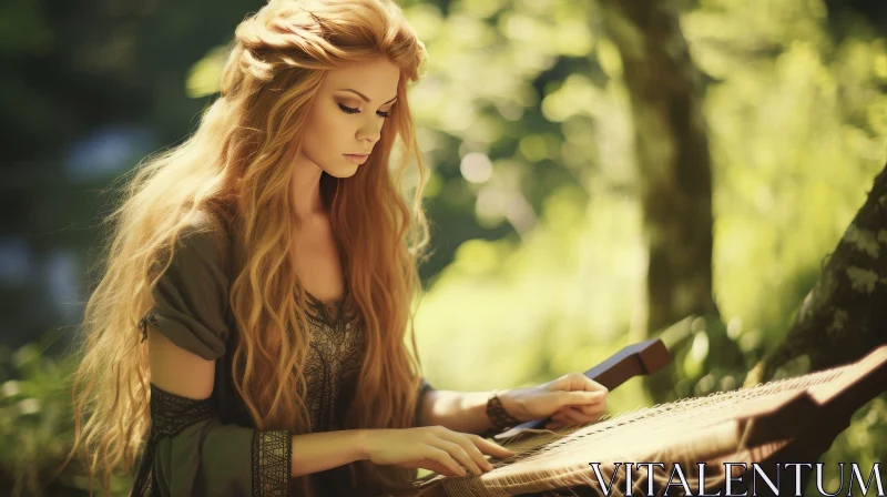 Serene Woman Weaving in Forest AI Image