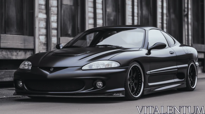 Sleek Black Sports Car in Front of Majestic Building | Y2K Aesthetic AI Image