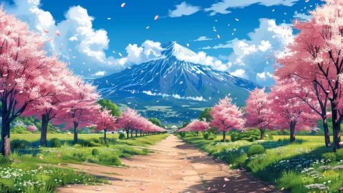 Snowy Mountain and Cherry Blossom Trees Landscape