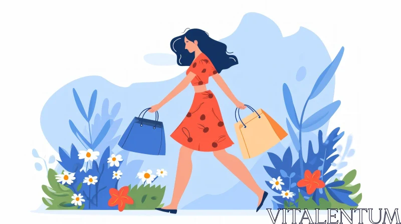 AI ART Stylish Woman Walking with Shopping Bags and Surrounded by Flowers