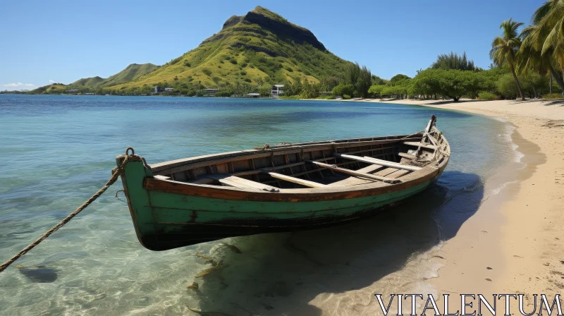 AI ART Tranquil Wooden Boat on Sandy Beach