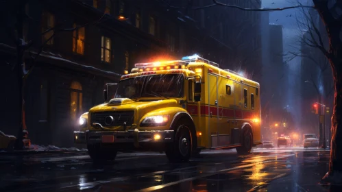 Yellow Ambulance Driving in Urban Night Scene