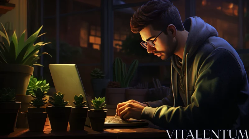 Young Man Working on Laptop Surrounded by Plants AI Image
