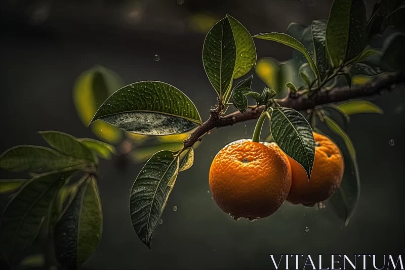 Captivating Image of Oranges Hanging from a Rain-Drenched Branch AI Image