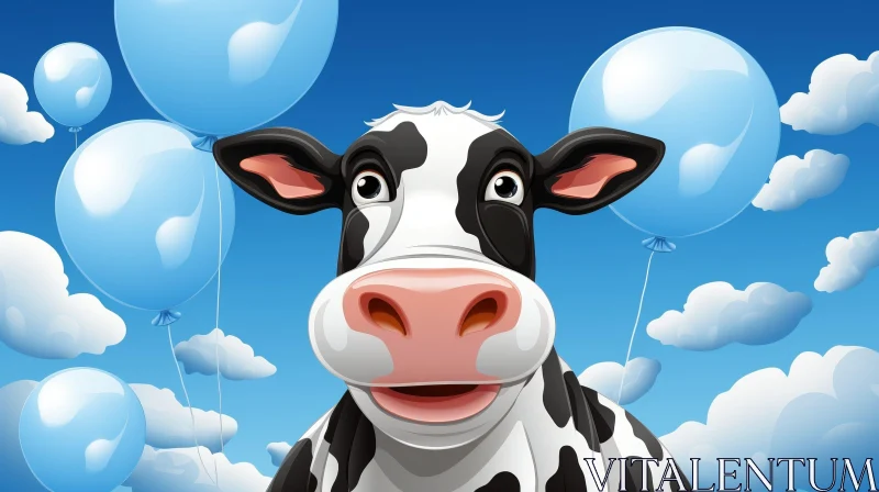Charming Cartoon Cow in Blue Sky Scene AI Image