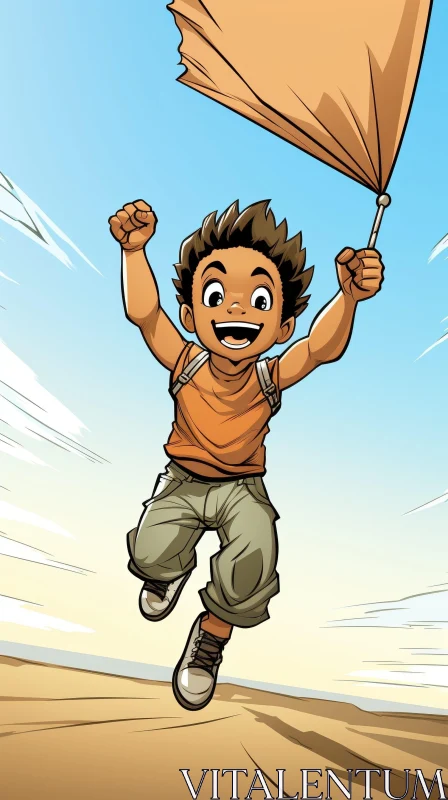 Cheerful Cartoon Boy Jumping with Umbrella AI Image