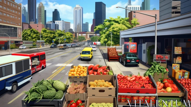 AI ART Cityscape: Dynamic Urban Street Scene with Greengrocer Stall