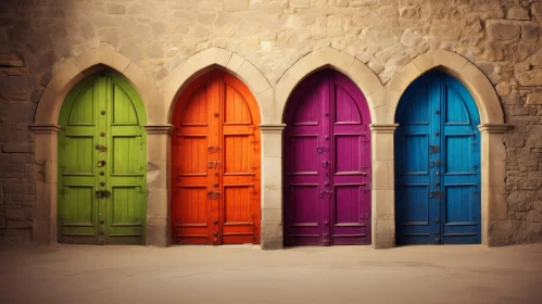 Colorful Arched Wooden Doors in Stone Wall